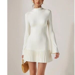 Commense Pleated Hem Mock Neck Mini Dress in White - Size XS